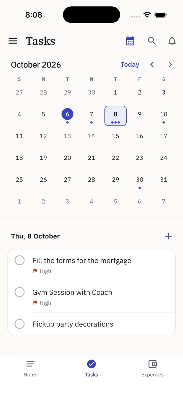 Tasks calendar view