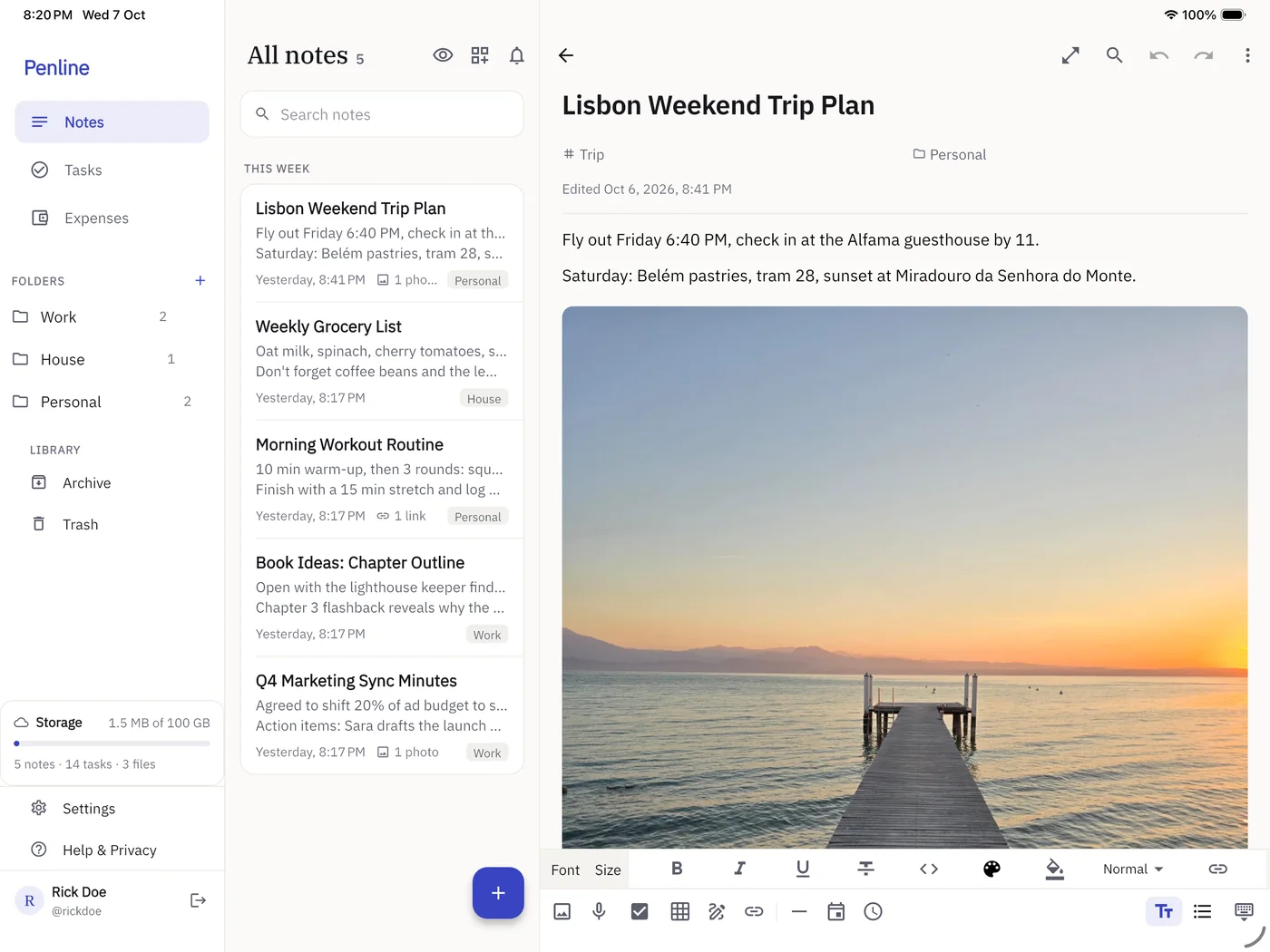 Penline on iPad: sidebar, notes list and the open note side by side
