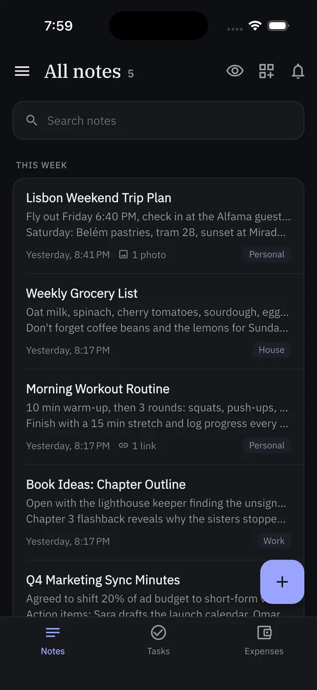 Penline notes list in dark mode