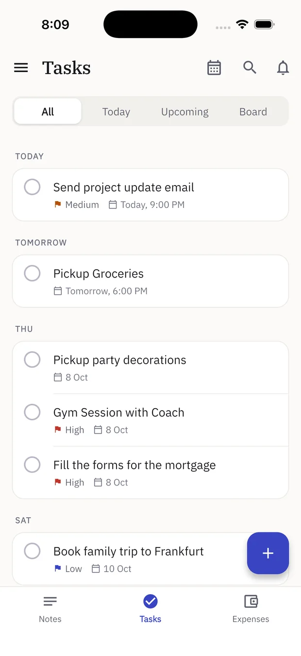 Penline Tasks list grouped by day